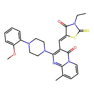 3-[(Z)-(3-ethyl-4-oxo-2-thioxo-1,3-thiazolidin-5-ylidene)methyl]-2-[4-(2-methoxyphenyl)piperazin-1-yl]-9-methyl-4H-pyrido[1,2-a]pyrimidin-4-one structure
