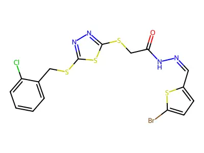 N-[(E)-(5-bromothiophen-2-yl)methylideneamino]-2-[[5-[(2-chlorophenyl)methylsulfanyl]-1,3,4-thiadiazol-2-yl]sulfanyl]acetamide structure