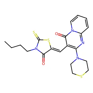 3-[(Z)-(3-butyl-4-oxo-2-thioxo-1,3-thiazolidin-5-ylidene)methyl]-2-(thiomorpholin-4-yl)-4H-pyrido[1,2-a]pyrimidin-4-one structure