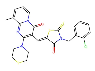 3-{(Z)-[3-(2-chlorobenzyl)-4-oxo-2-thioxo-1,3-thiazolidin-5-ylidene]methyl}-9-methyl-2-(thiomorpholin-4-yl)-4H-pyrido[1,2-a]pyrimidin-4-one structure