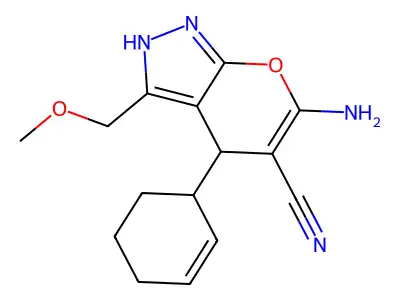 6-amino-4-cyclohex-2-en-1-yl-3-(methoxymethyl)-2,4-dihydropyrano[2,3-c]pyrazole-5-carbonitrile structure