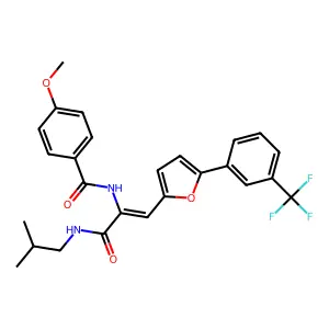 4-methoxy-N-[(1Z)-3-[(2-methylpropyl)amino]-3-oxo-1-{5-[3-(trifluoromethyl)phenyl]furan-2-yl}prop-1-en-2-yl]benzamide structure