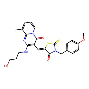 2-[(3-hydroxypropyl)amino]-3-{(Z)-[3-(4-methoxybenzyl)-4-oxo-2-thioxo-1,3-thiazolidin-5-ylidene]methyl}-9-methyl-4H-pyrido[1,2-a]pyrimidin-4-one structure