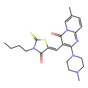 3-[(Z)-(3-butyl-4-oxo-2-thioxo-1,3-thiazolidin-5-ylidene)methyl]-7-methyl-2-(4-methylpiperazin-1-yl)-4H-pyrido[1,2-a]pyrimidin-4-one structure