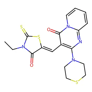 3-[(Z)-(3-ethyl-4-oxo-2-thioxo-1,3-thiazolidin-5-ylidene)methyl]-2-(thiomorpholin-4-yl)-4H-pyrido[1,2-a]pyrimidin-4-one structure
