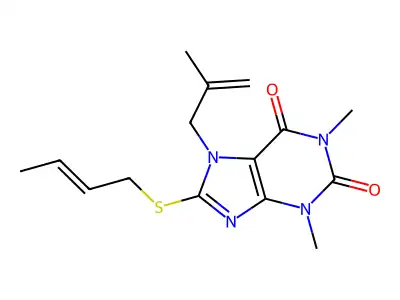 8-But-2-enylsulfanyl-1,3-dimethyl-7-(2-methylprop-2-enyl)purine-2,6-dione structure