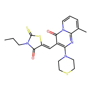9-methyl-3-[(Z)-(4-oxo-3-propyl-2-thioxo-1,3-thiazolidin-5-ylidene)methyl]-2-(thiomorpholin-4-yl)-4H-pyrido[1,2-a]pyrimidin-4-one structure