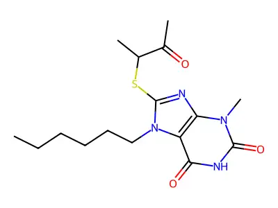 7-hexyl-3-methyl-8-((3-oxobutan-2-yl)thio)-1H-purine-2,6(3H,7H)-dione structure