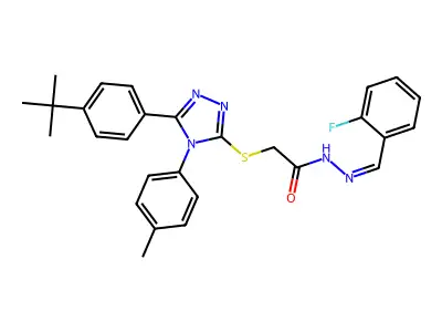 2-[[5-(4-tert-butylphenyl)-4-(4-methylphenyl)-1,2,4-triazol-3-yl]sulfanyl]-N-[(E)-(2-fluorophenyl)methylideneamino]acetamide structure