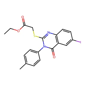 Ethyl 2-[6-iodo-3-(4-methylphenyl)-4-oxoquinazolin-2-yl]sulfanylacetate structure