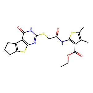 ethyl 4,5-dimethyl-2-(2-((4-oxo-4,5,6,7-tetrahydro-3H-cyclopenta[4,5]thieno[2,3-d]pyrimidin-2-yl)thio)acetamido)thiophene-3-carboxylate structure