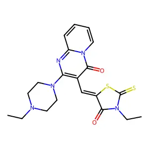 3-[(Z)-(3-ethyl-4-oxo-2-thioxo-1,3-thiazolidin-5-ylidene)methyl]-2-(4-ethylpiperazin-1-yl)-4H-pyrido[1,2-a]pyrimidin-4-one structure