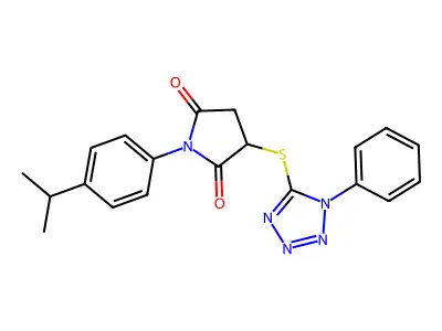 3-[(1-phenyl-1H-tetrazol-5-yl)sulfanyl]-1-[4-(propan-2-yl)phenyl]pyrrolidine-2,5-dione structure