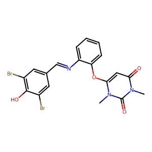 6-{2-[(3,5-dibromo-4-hydroxybenzylidene)amino]phenoxy}-1,3-dimethyl-2,4(1H,3H)-pyrimidinedione structure