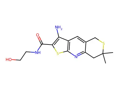 3-amino-N-(2-hydroxyethyl)-7,7-dimethyl-7,8-dihydro-5H-thieno[2,3-b]thiopyrano[3,4-e]pyridine-2-carboxamide structure