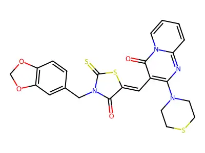 3-{(Z)-[3-(1,3-benzodioxol-5-ylmethyl)-4-oxo-2-thioxo-1,3-thiazolidin-5-ylidene]methyl}-2-(thiomorpholin-4-yl)-4H-pyrido[1,2-a]pyrimidin-4-one structure