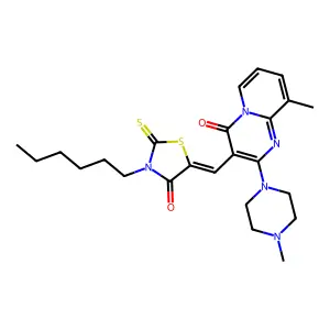 3-[(Z)-(3-hexyl-4-oxo-2-thioxo-1,3-thiazolidin-5-ylidene)methyl]-9-methyl-2-(4-methylpiperazin-1-yl)-4H-pyrido[1,2-a]pyrimidin-4-one structure