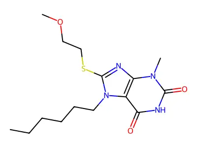 7-hexyl-8-((2-methoxyethyl)thio)-3-methyl-1H-purine-2,6(3H,7H)-dione structure