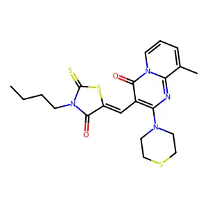 3-[(Z)-(3-butyl-4-oxo-2-thioxo-1,3-thiazolidin-5-ylidene)methyl]-9-methyl-2-(thiomorpholin-4-yl)-4H-pyrido[1,2-a]pyrimidin-4-one structure