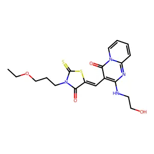 3-{(Z)-[3-(3-ethoxypropyl)-4-oxo-2-thioxo-1,3-thiazolidin-5-ylidene]methyl}-2-[(2-hydroxyethyl)amino]-4H-pyrido[1,2-a]pyrimidin-4-one structure