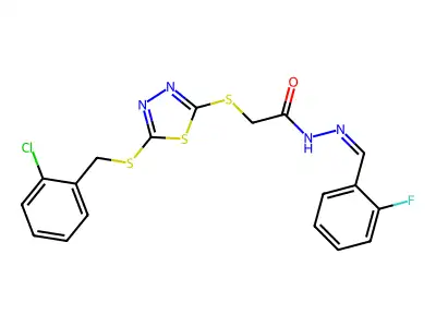2-[[5-[(2-chlorophenyl)methylsulfanyl]-1,3,4-thiadiazol-2-yl]sulfanyl]-N-[(E)-(2-fluorophenyl)methylideneamino]acetamide structure