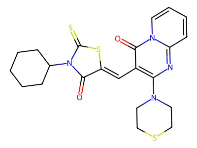 3-[(Z)-(3-cyclohexyl-4-oxo-2-thioxo-1,3-thiazolidin-5-ylidene)methyl]-2-(thiomorpholin-4-yl)-4H-pyrido[1,2-a]pyrimidin-4-one structure