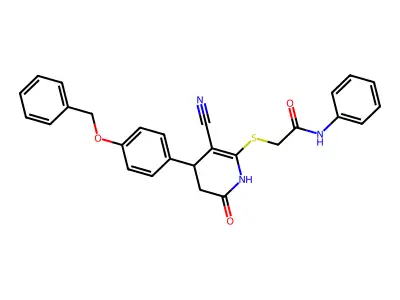 2-((4-(4-(benzyloxy)phenyl)-3-cyano-6-oxo-1,4,5,6-tetrahydropyridin-2-yl)thio)-N-phenylacetamide structure