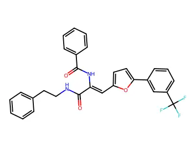 N-[(1Z)-3-oxo-3-[(2-phenylethyl)amino]-1-{5-[3-(trifluoromethyl)phenyl]furan-2-yl}prop-1-en-2-yl]benzamide structure