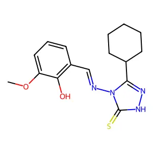 2-[(1Z)-2-(5-cyclohexyl-3-sulfanyl(1,2,4-triazol-4-yl))-2-azavinyl]-6-methoxyp henol structure