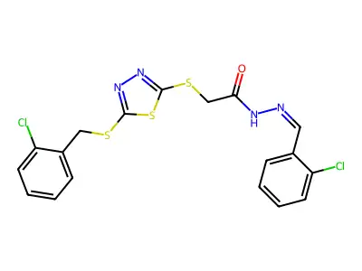 N-[(E)-(2-chlorophenyl)methylideneamino]-2-[[5-[(2-chlorophenyl)methylsulfanyl]-1,3,4-thiadiazol-2-yl]sulfanyl]acetamide structure