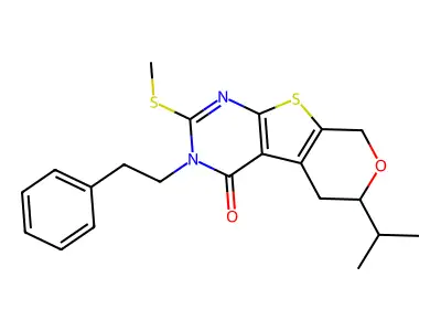 2-(methylsulfanyl)-3-(2-phenylethyl)-6-(propan-2-yl)-3,5,6,8-tetrahydro-4H-pyrano[4',3':4,5]thieno[2,3-d]pyrimidin-4-one structure