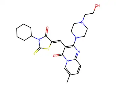 3-[(Z)-(3-cyclohexyl-4-oxo-2-thioxo-1,3-thiazolidin-5-ylidene)methyl]-2-[4-(2-hydroxyethyl)piperazin-1-yl]-7-methyl-4H-pyrido[1,2-a]pyrimidin-4-one structure