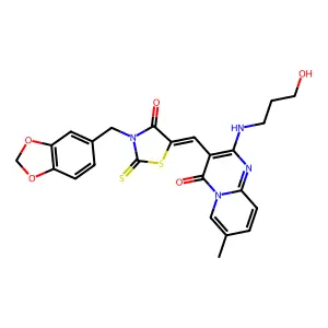 3-{(Z)-[3-(1,3-benzodioxol-5-ylmethyl)-4-oxo-2-thioxo-1,3-thiazolidin-5-ylidene]methyl}-2-[(3-hydroxypropyl)amino]-7-methyl-4H-pyrido[1,2-a]pyrimidin-4-one structure