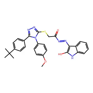2-{[5-(4-tert-butylphenyl)-4-(4-methoxyphenyl)-4H-1,2,4-triazol-3-yl]sulfanyl}-N'-[(3E)-2-oxo-1,2-dihydro-3H-indol-3-ylidene]acetohydrazide structure