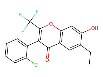 3-(2-chlorophenyl)-6-ethyl-7-hydroxy-2-(trifluoromethyl)-4H-chromen-4-one structure