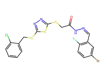 N-[(E)-(5-bromo-2-fluorophenyl)methylideneamino]-2-[[5-[(2-chlorophenyl)methylsulfanyl]-1,3,4-thiadiazol-2-yl]sulfanyl]acetamide structure