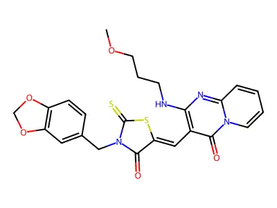 3-{(Z)-[3-(1,3-benzodioxol-5-ylmethyl)-4-oxo-2-thioxo-1,3-thiazolidin-5-ylidene]methyl}-2-[(3-methoxypropyl)amino]-4H-pyrido[1,2-a]pyrimidin-4-one structure