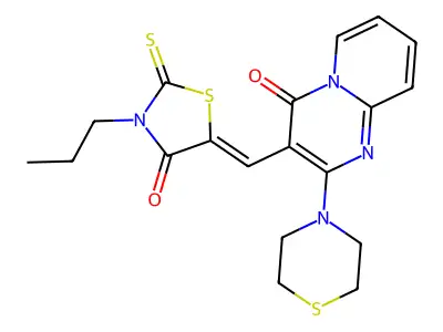 3-[(Z)-(4-oxo-3-propyl-2-thioxo-1,3-thiazolidin-5-ylidene)methyl]-2-(thiomorpholin-4-yl)-4H-pyrido[1,2-a]pyrimidin-4-one structure