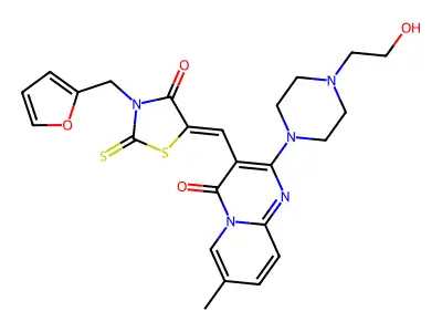 (Z)-3-(furan-2-ylmethyl)-5-((2-(4-(2-hydroxyethyl)piperazin-1-yl)-7-methyl-4-oxo-4H-pyrido[1,2-a]pyrimidin-3-yl)methylene)-2-thioxothiazolidin-4-one structure