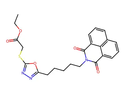 ethyl ({5-[5-(1,3-dioxo-1H-benzo[de]isoquinolin-2(3H)-yl)pentyl]-1,3,4-oxadiazol-2-yl}sulfanyl)acetate structure
