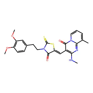 3-[(Z)-{3-[2-(3,4-dimethoxyphenyl)ethyl]-4-oxo-2-thioxo-1,3-thiazolidin-5-ylidene}methyl]-9-methyl-2-(methylamino)-4H-pyrido[1,2-a]pyrimidin-4-one structure