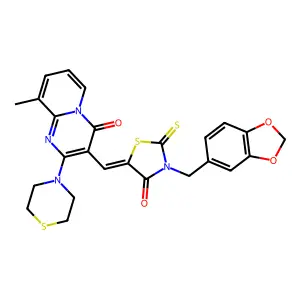 3-{(Z)-[3-(1,3-benzodioxol-5-ylmethyl)-4-oxo-2-thioxo-1,3-thiazolidin-5-ylidene]methyl}-9-methyl-2-(thiomorpholin-4-yl)-4H-pyrido[1,2-a]pyrimidin-4-one structure