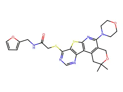 2-((2,2-dimethyl-5-morpholino-2,4-dihydro-1H-pyrano[4'',3'':4',5']pyrido[3',2':4,5]thieno[3,2-d]pyrimidin-8-yl)thio)-N-(furan-2-ylmethyl)acetamide structure