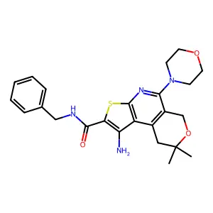1-amino-N-benzyl-8,8-dimethyl-5-morpholino-8,9-dihydro-6H-pyrano[4,3-d]thieno[2,3-b]pyridine-2-carboxamide structure