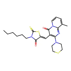 3-[(Z)-(3-hexyl-4-oxo-2-thioxo-1,3-thiazolidin-5-ylidene)methyl]-9-methyl-2-(thiomorpholin-4-yl)-4H-pyrido[1,2-a]pyrimidin-4-one structure