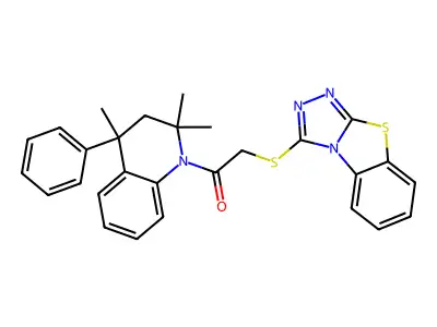 2-([1,2,4]triazolo[3,4-b][1,3]benzothiazol-3-ylsulfanyl)-1-(2,2,4-trimethyl-4-phenyl-3,4-dihydroquinolin-1(2H)-yl)ethanone structure