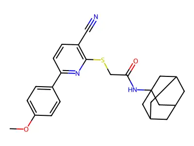 N-(1-adamantyl)-2-[3-cyano-6-(4-methoxyphenyl)pyridin-2-yl]sulfanylacetamide structure