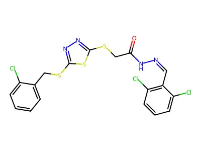 2-[[5-[(2-chlorophenyl)methylsulfanyl]-1,3,4-thiadiazol-2-yl]sulfanyl]-N-[(E)-(2,6-dichlorophenyl)methylideneamino]acetamide structure