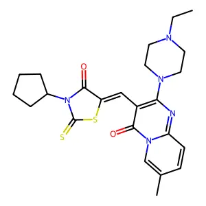 3-[(Z)-(3-cyclopentyl-4-oxo-2-thioxo-1,3-thiazolidin-5-ylidene)methyl]-2-(4-ethylpiperazin-1-yl)-7-methyl-4H-pyrido[1,2-a]pyrimidin-4-one structure