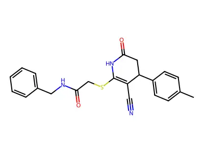 N-benzyl-2-[[5-cyano-4-(4-methylphenyl)-2-oxo-3,4-dihydro-1H-pyridin-6-yl]sulfanyl]acetamide structure